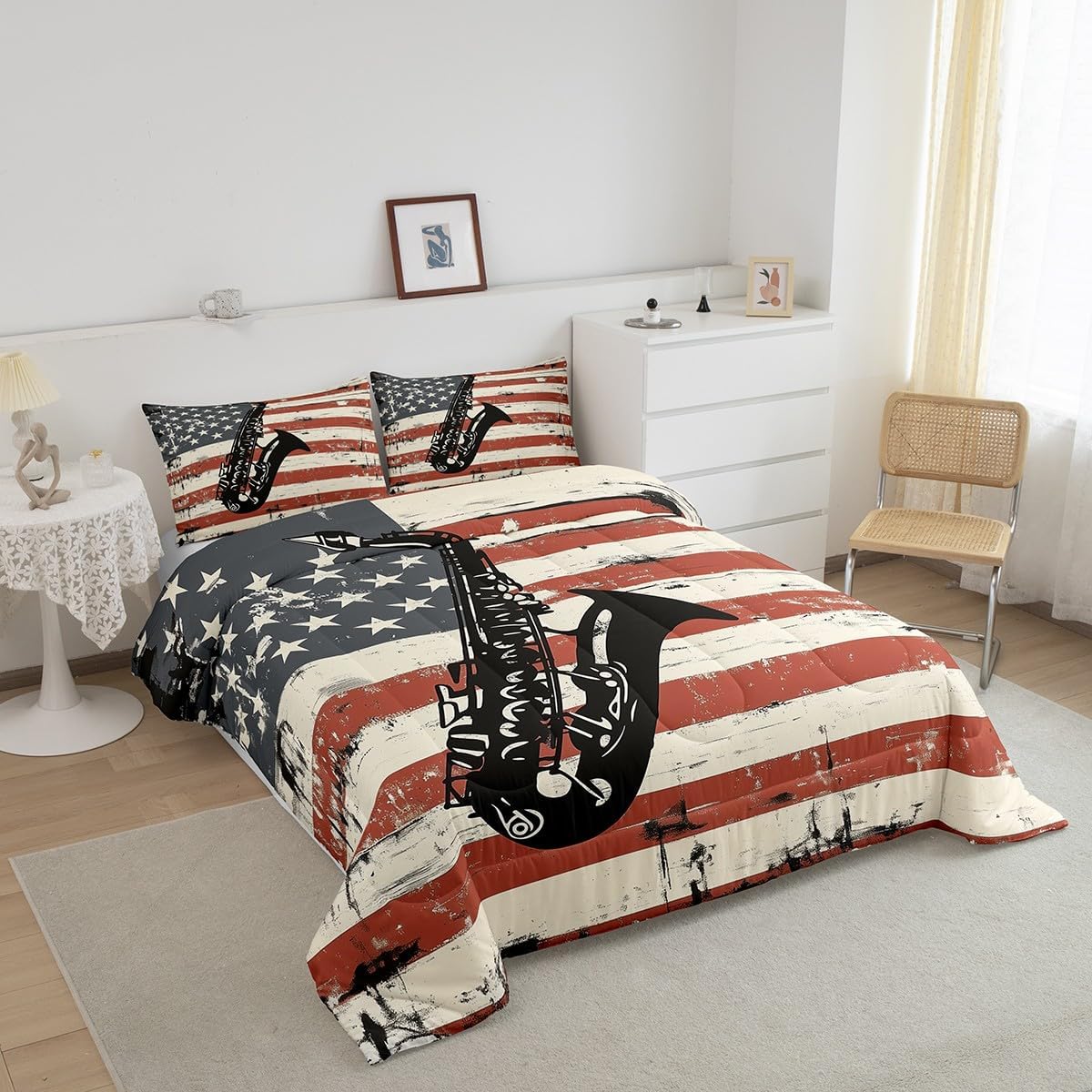 Erosebridal Saxophone Queen Comforter Set,Vintage American Flag Bedding Set,Retro Classical Music Duvet Insert Musical Instrument Decor,Rustic Farmhouse Bedding Comforter Sets for Adults Women Men