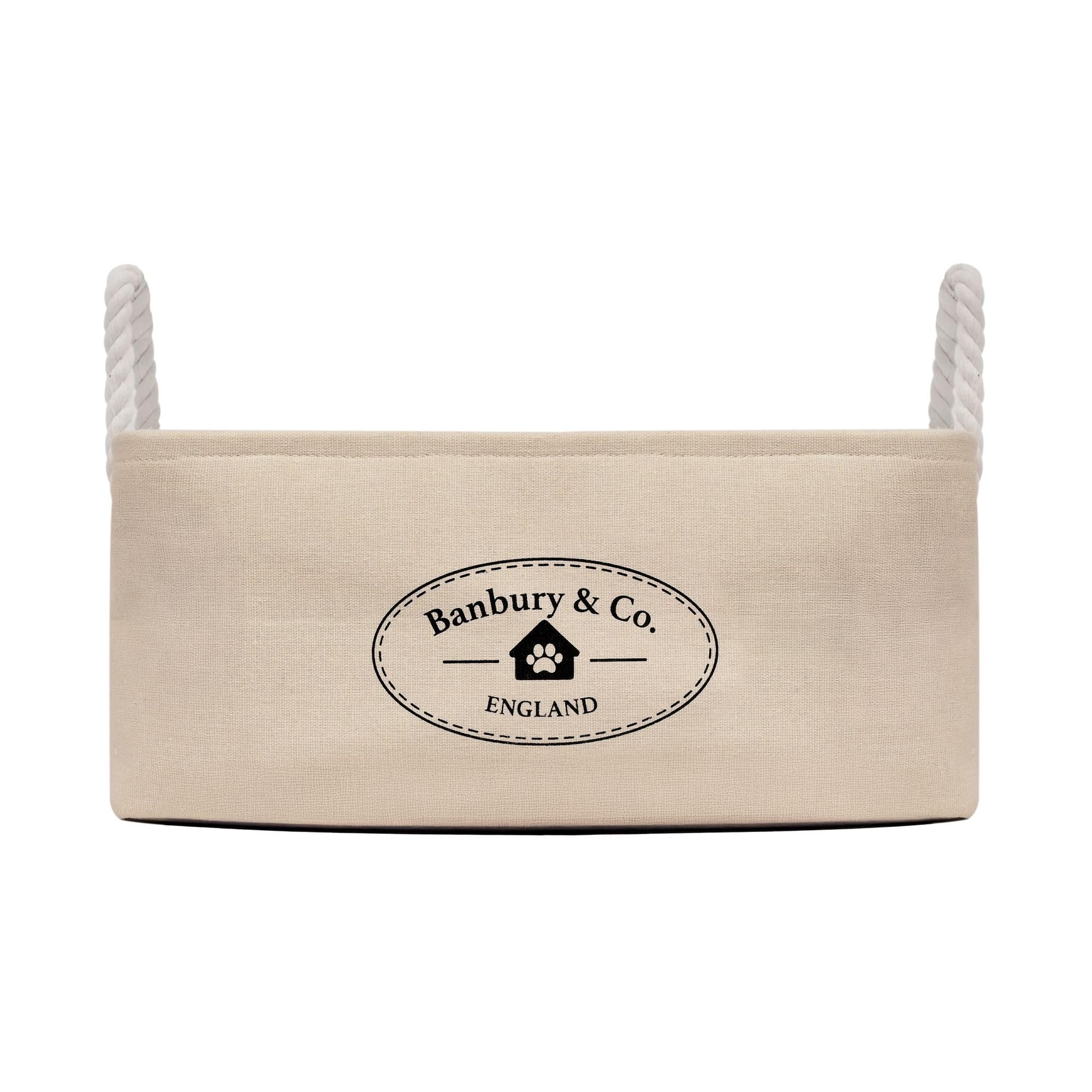 Banbury & Co Almond White Canvas Dog Toy Box, Durable Faux Linen Pet Storage Bin With Rope Handles, Large Toy Organiser For Dogs & Cats, Easy Clean Fabric Box For Blankets & Pet Supplies | 40X30x18cm