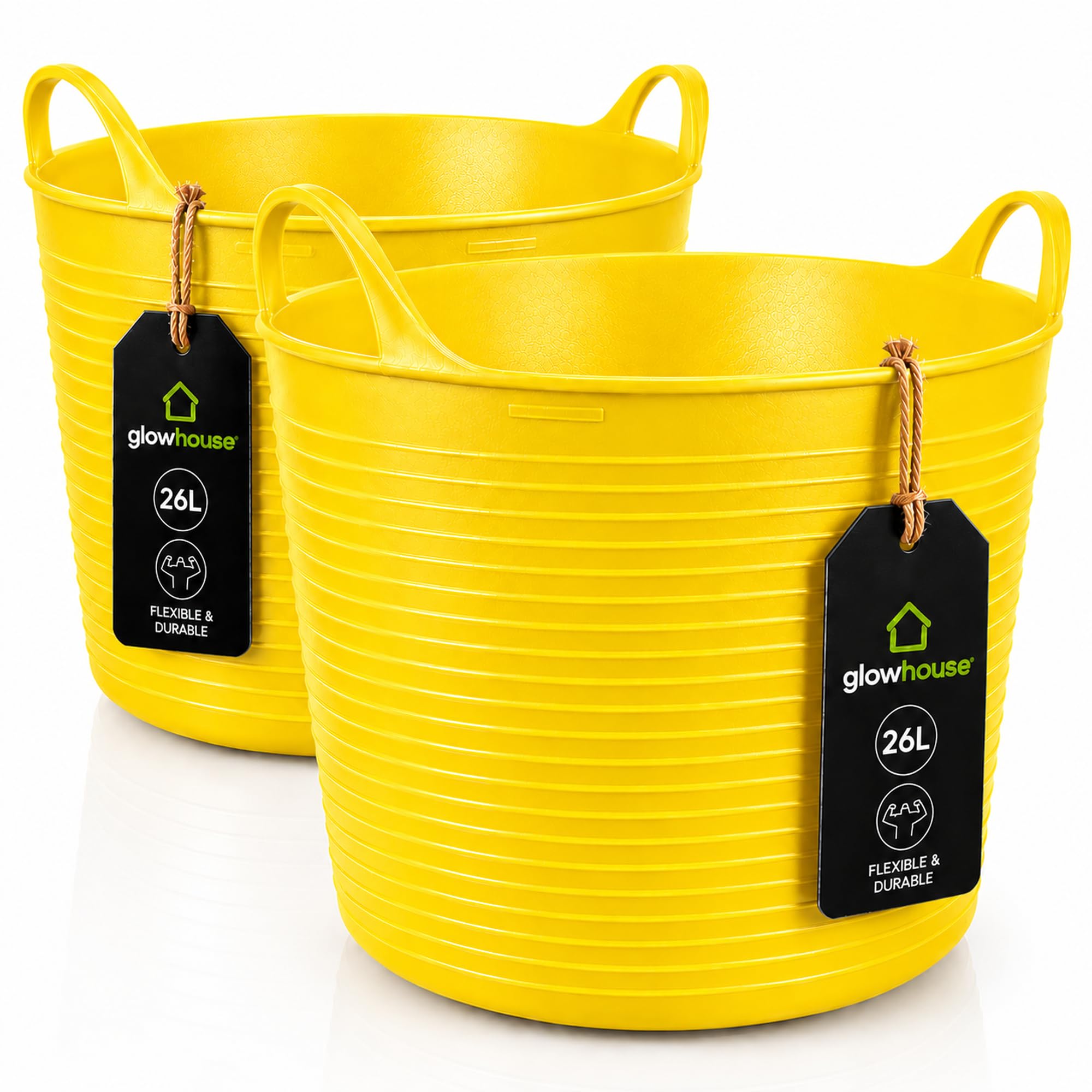 Flexi Buckets Heavy Duty Flexible Tub Trug Strong Multi-Purpose Garden, Stable, Feed, Cleaning & Storage Bucket Durable Carry Handles for Home, Garden, DIY & Outdoor Use (Yellow, 26 Litres Pack of 2)