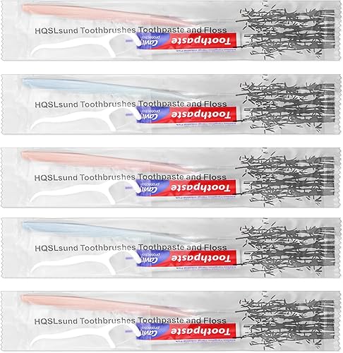 Miniatura 7 de 30 cepillos de dientes desechables con hilo dental envueltos individualmente, cepillo de dientes desechable de 2 colores, pasta de dientes de 0.35