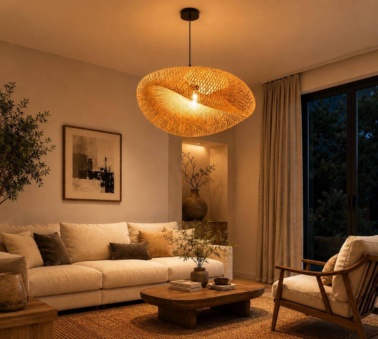 Modern Handwoven Pendant Ceiling Light | Wave Sculptural Woven Lamp Shade | Warm Ambient Hanging Light for Living Room, Dining Room, Bedroom, Kitchen & Café with Filament Bulb-image-36
