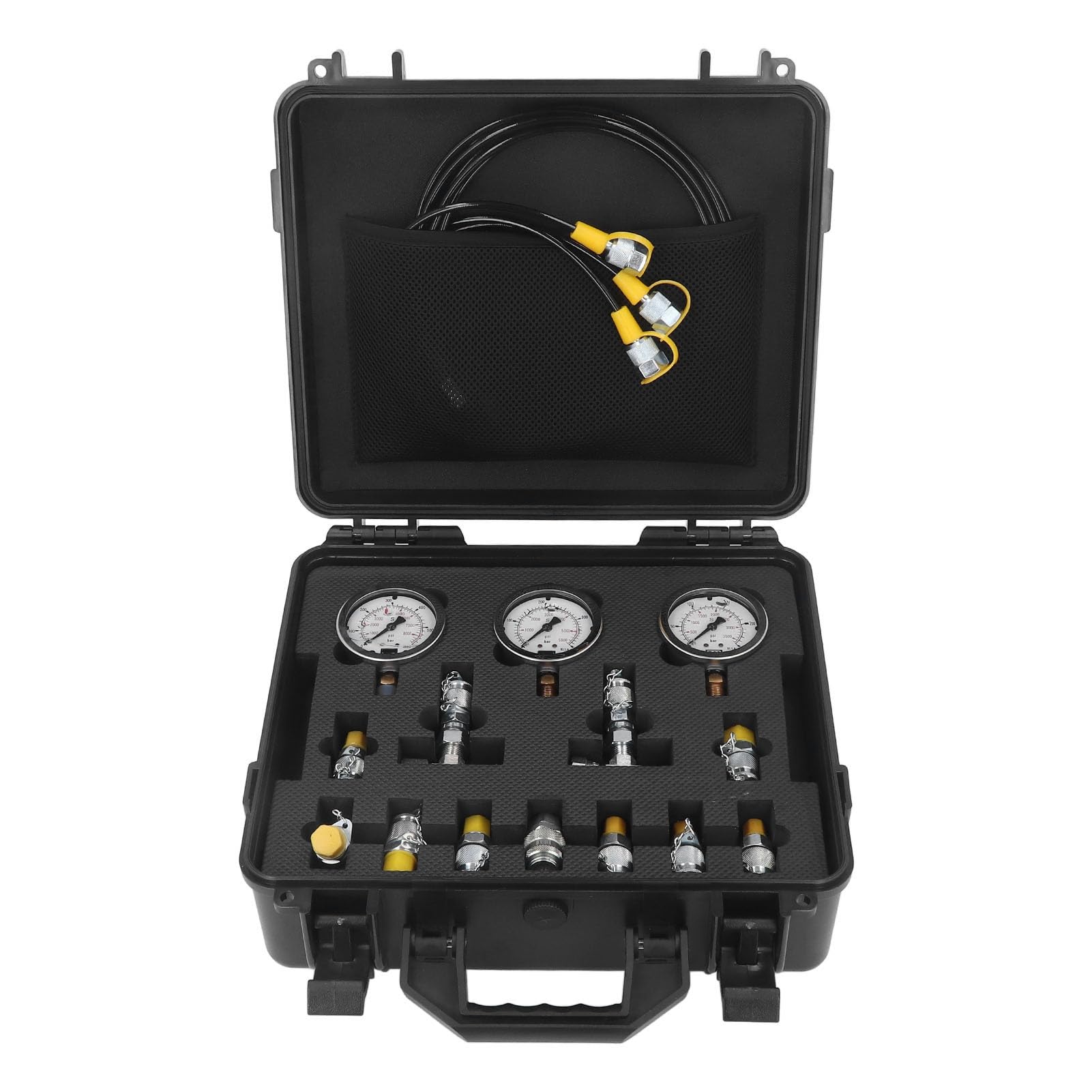 lyrlody Kit de Prueba de Presión Hidráulica Juego de Manómetros de Acero Inoxidable con 5 Manómetros, 3 Mangueras, 11 Acoplamientos, 10 Conectores en T para Pruebas de Presión del Hidráulico de