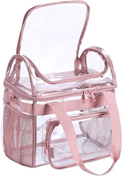 BORMELUN Durable See-Through Clear Lunch Bag with Tote Handle for Women - Perfect for Work, Office, School and Picnic - 12x12x6 inches - Pink