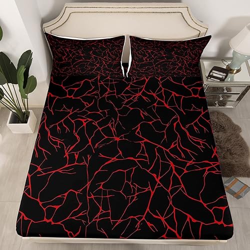 Miniatura 1 de Sábanas bajeras de mármol metálico rojo tamaño matrimonial con purpurina negra, juego de ropa de cama con diseño de textura de mármol abstracto,