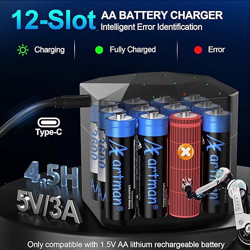 Miniatura 3 de A Artman Paquete de 12 baterías recargables AA de litio con cargador de 12 ranuras, baterías de litio AA de alta potencia de 3600 mWh 1.5 V para