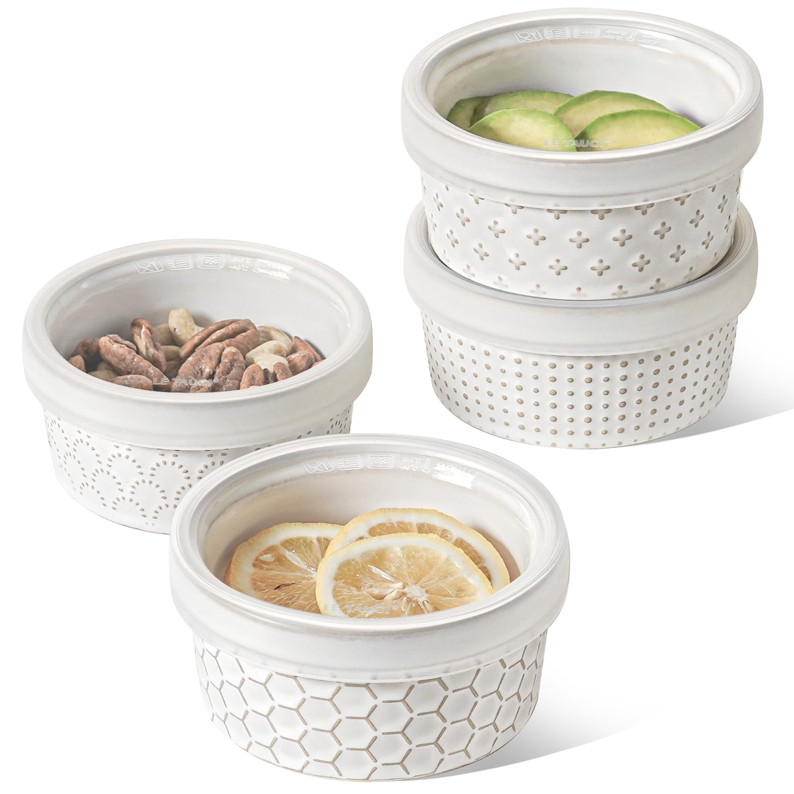 LE TAUCI Ramequines con tapas, juego de ramikin de 8 onzas para crema brulee, soufflé, salsas de inmersión, recipientes de cerámica para almacenamiento de alimentos, ideales para sobras, 4.4 pulgadas,