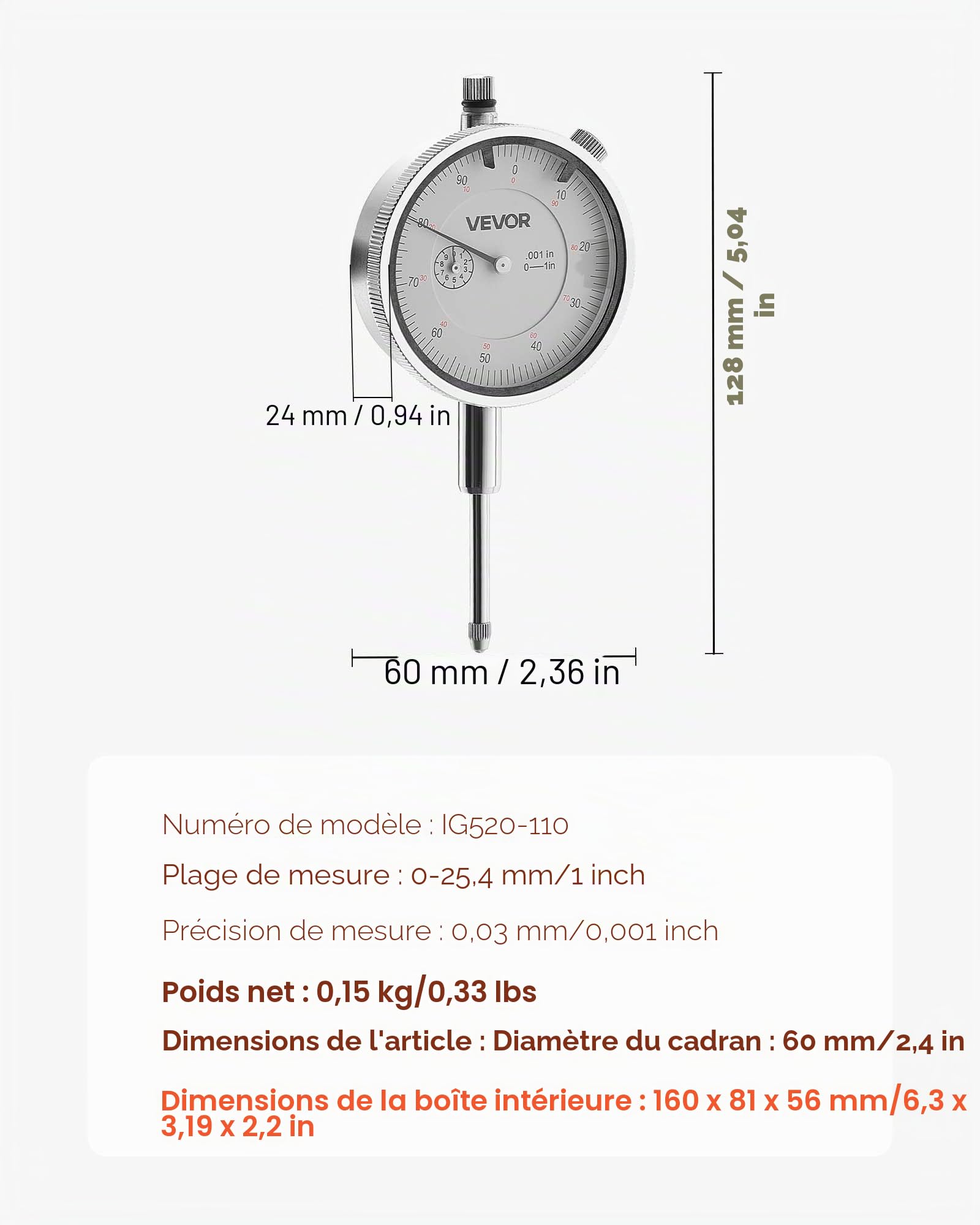 VEVOR Indicateur de Test à Cadran Gradué en pouces, Précision 0,03 mm, Plage de Mesure de 0 à 25,4 mm, Comparateur à Grand Cadran Professionnel pour Mesure du Diamètre Intérieur, Détection Faux-rond