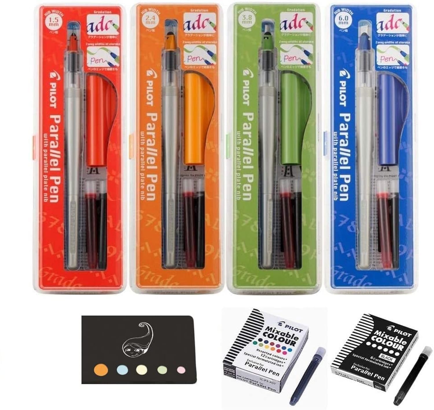 Pilot Parallel Pen 4er-Set Stifte: 1,5 mm + 2,4 mm + 3,8 mm + 6,0 mm + 12 Tintenpatronen, + 6 schwarze Patronen + 1 Lineal/Lesezeichen aus Holz