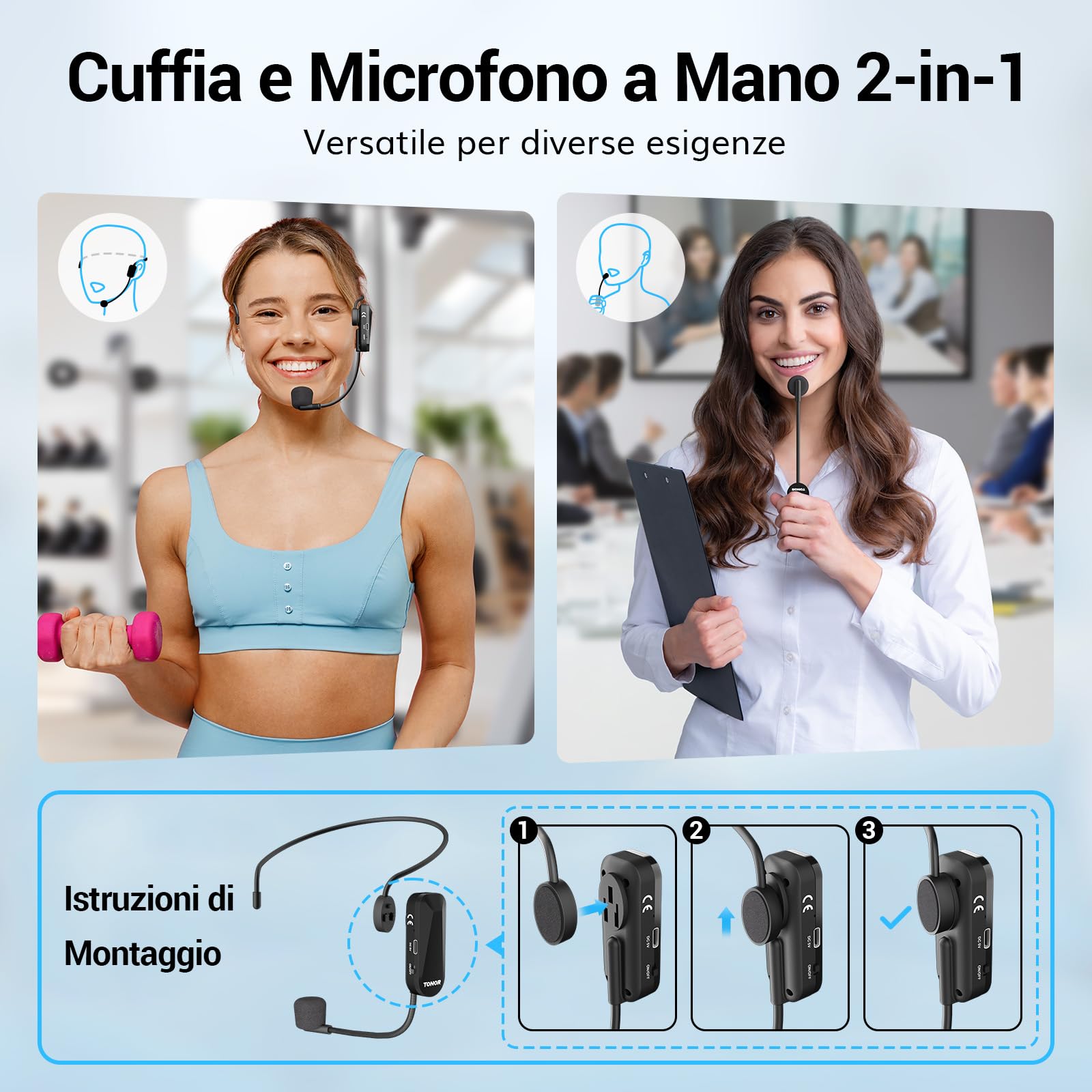 TONOR Microfono Wireless ad Archetto UHF, Ricaricabile Microfoni Senza Fili con 20 Canali, Archetto e Palmare 2-in-1, 6.5H Autonomia, per Amplificatore Vocale, Fitness, Insegnamento, Tour, Sistema PA