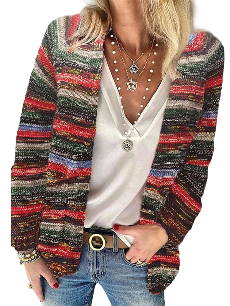 OSCORP Womens Boho Rainbow Striped Cardigan Sweater Lightweight Cozy Outerwear Coats Knit Jacket Fall Winter Fashion