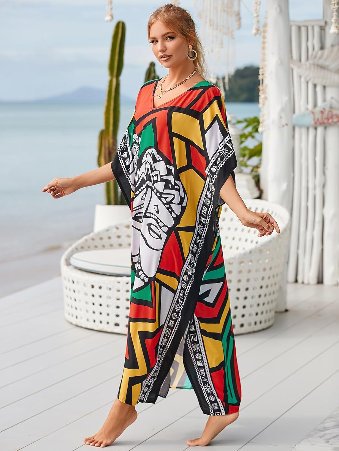 Kaftan Dresses for Women Plus Size Bathing Suit Cover up Vneck Batwing Dress Loose fit Moroccan Caftan mumu Dresses - Image 4