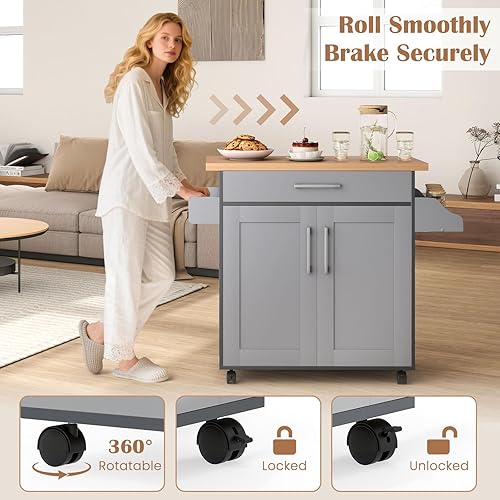 Miniatura 4 de HAPPYGRILL Carrito de cocina con ruedas para isla de cocina, carrito de almacenamiento de cocina con estante ajustable, cajón, estante para