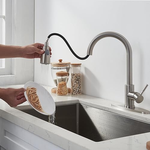 Miniatura 5 de Grifos de cocina de níquel cepillado, grifo de fregadero de cocina de una sola manija con rociador extraíble, grifos de cocina de un solo orificio