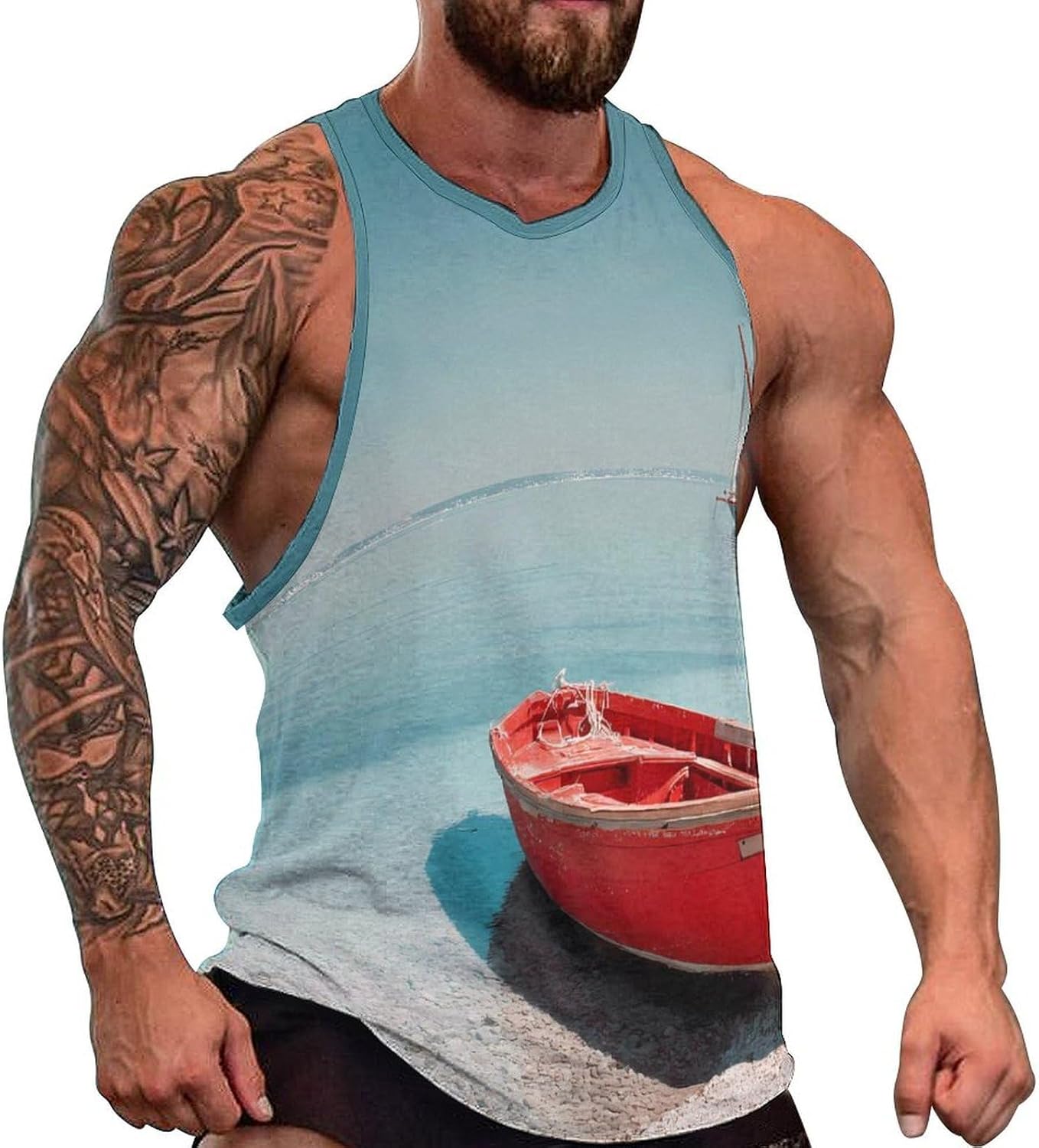 Beach Ocean Boat Men's Tank Tops Sleeveless Muscle T-Shirt | Print,Muscle Shirt,for Athletic Running Gym,Workout Shirts,Tee Shirts