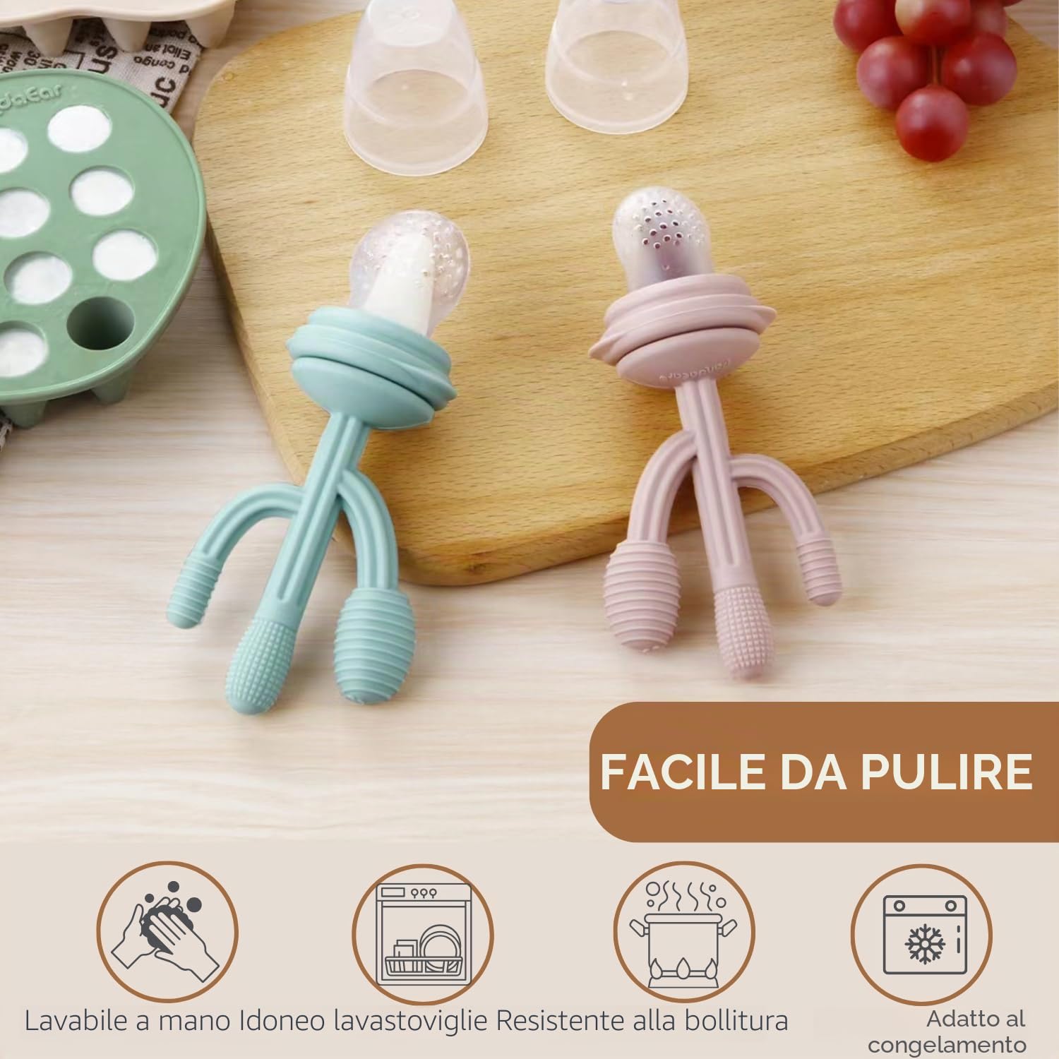 PandaEar Set di 2 Vaschette Congelatore per Alimenti per Bambini & Set di 3 Chupetti Alimentatori di Frutta per Bambini, Vassoio per Dentizione con Alimenti Fruttati per Bambini