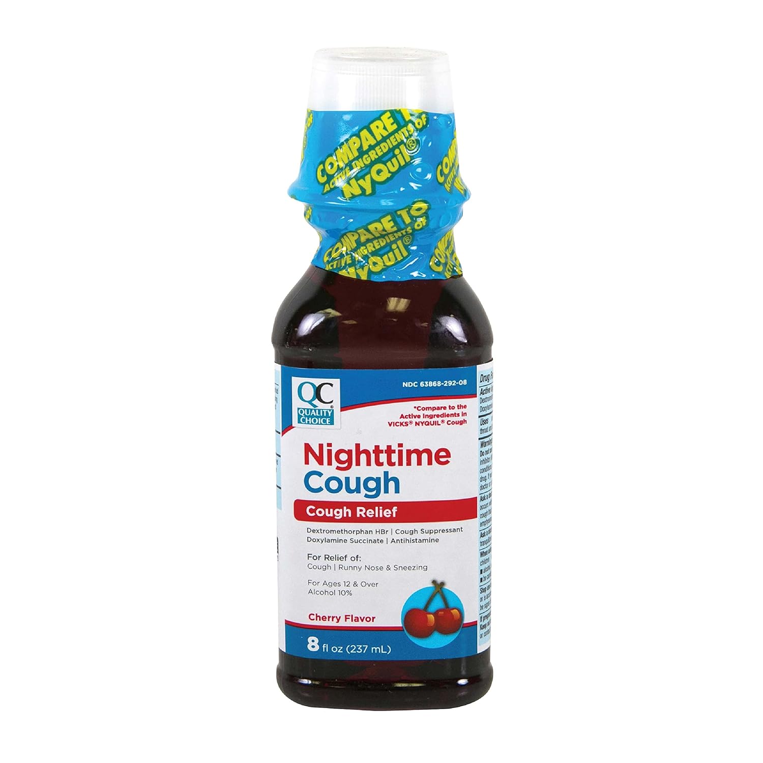 Medicamento Líquido para Tosse Noturna Quality Choice, 227g de Alívio para Resfriado e Gripe com Sabor Cereja, Xarope para Nariz Escorrendo e Espirros para Sono Melhor