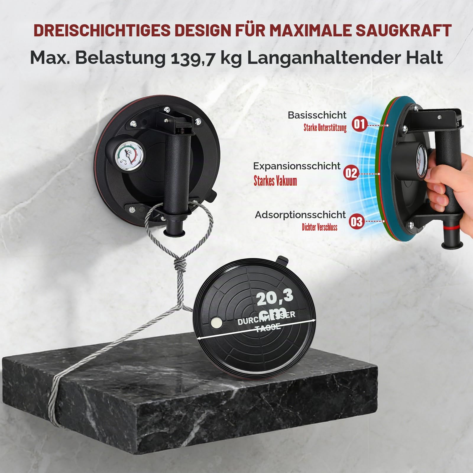 280KG 2er-Set Saugheber mit Manometer, 8" Vakuumheber Tragkraft Max.280KG, Vakuum Glassauger Glasheber für Glas, Fliesen, Granit, Metall