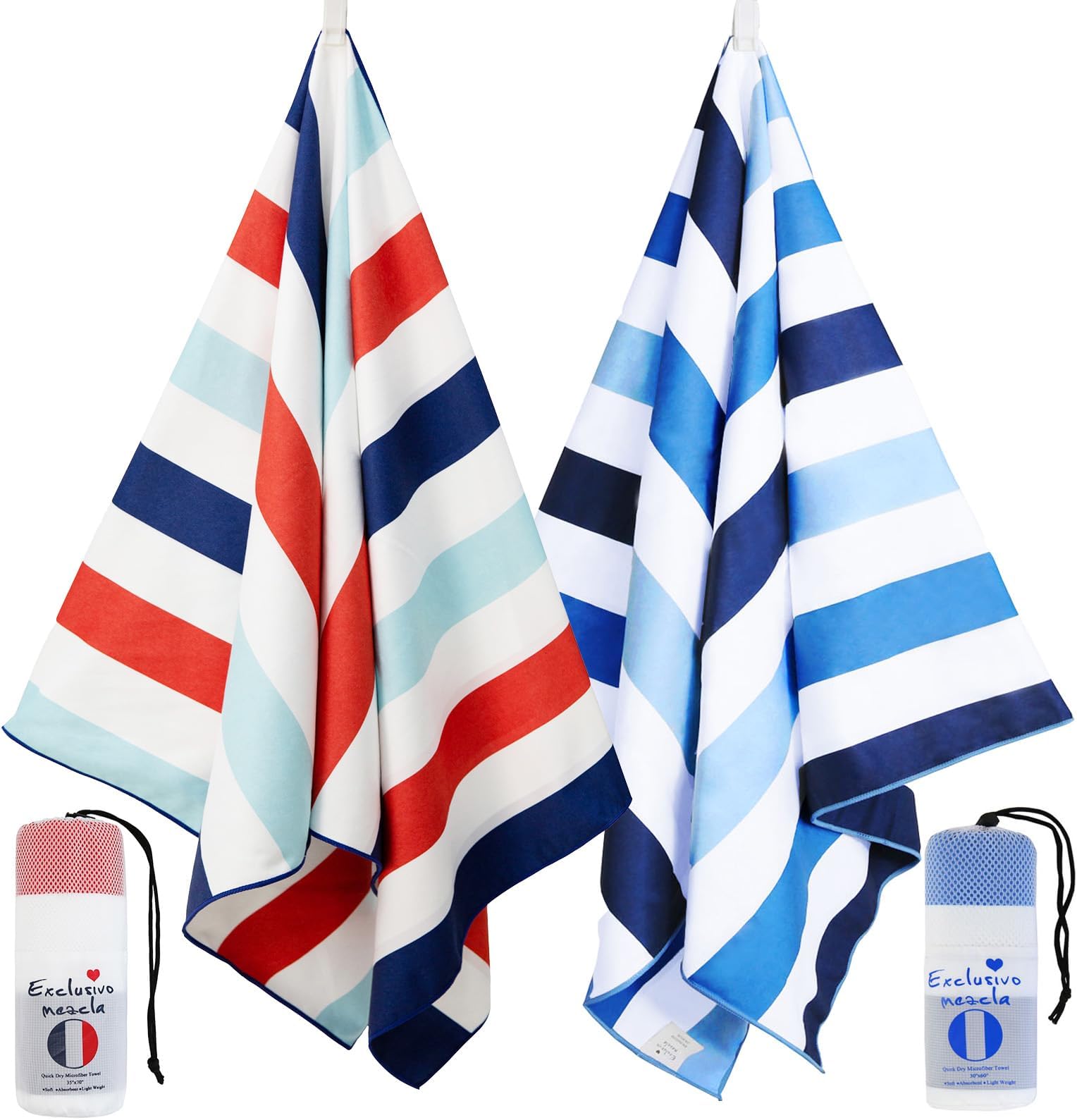 2 Pack Oversized Quick Dry Beach Towels, Microfiber Sandfree Cabana Stripe Pool Bath Swim Towel with Bag, Lightweight and Thin (Blue and Navy, 35x70 Inches)