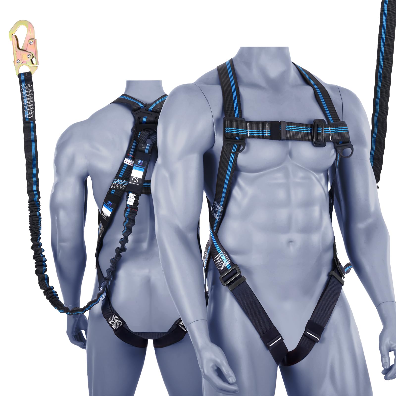 Full Body Safety Harness, 1D-Ring Industrial Fall Protection Safety Harness with 6-Foot Shock Absorber Stretchable Lanyard