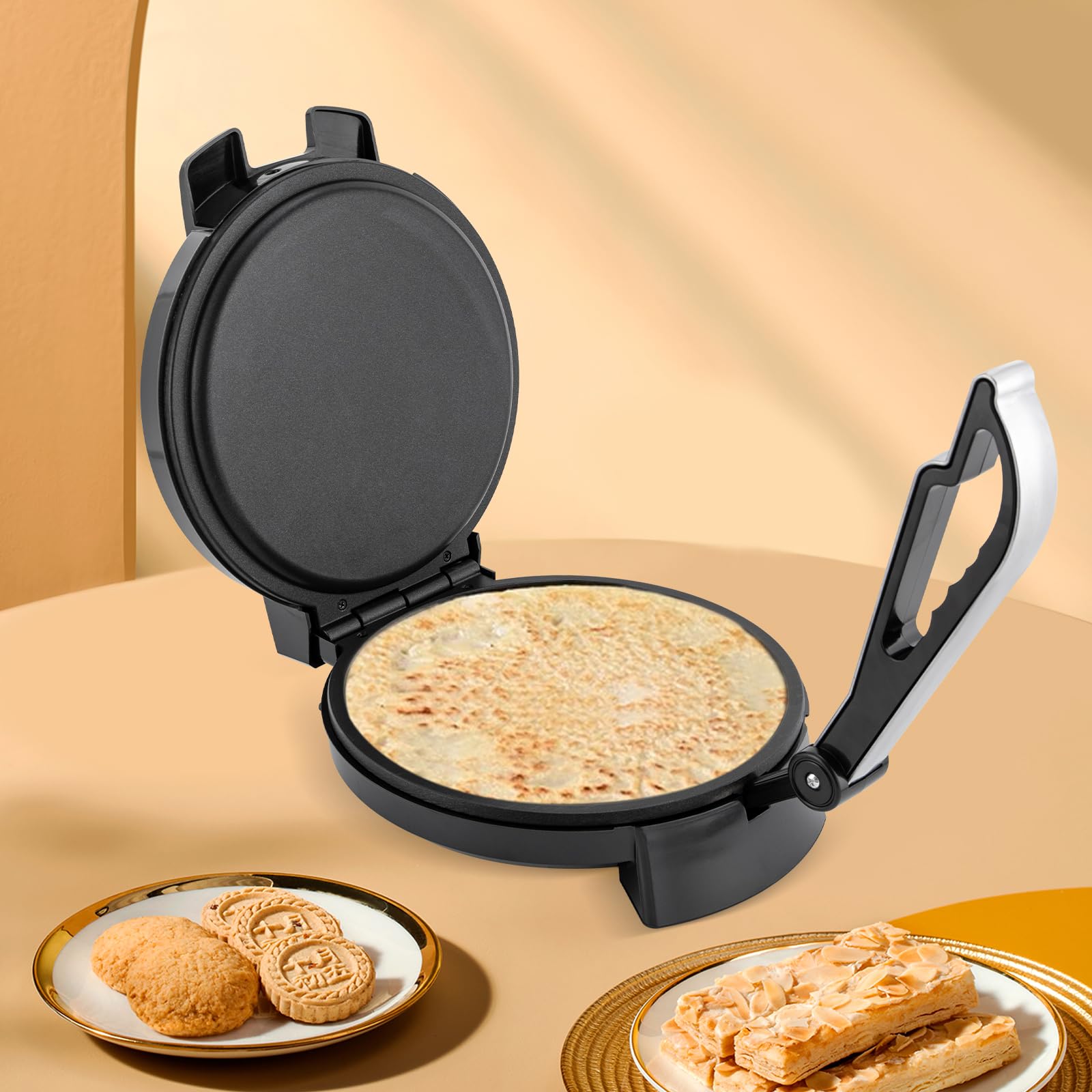 Roti Maker, 1200 W, calentador eléctrico de acero inoxidable, prensa de harina de maíz, antiadherente, control de temperatura, para tortillas, tacos y quesadillas