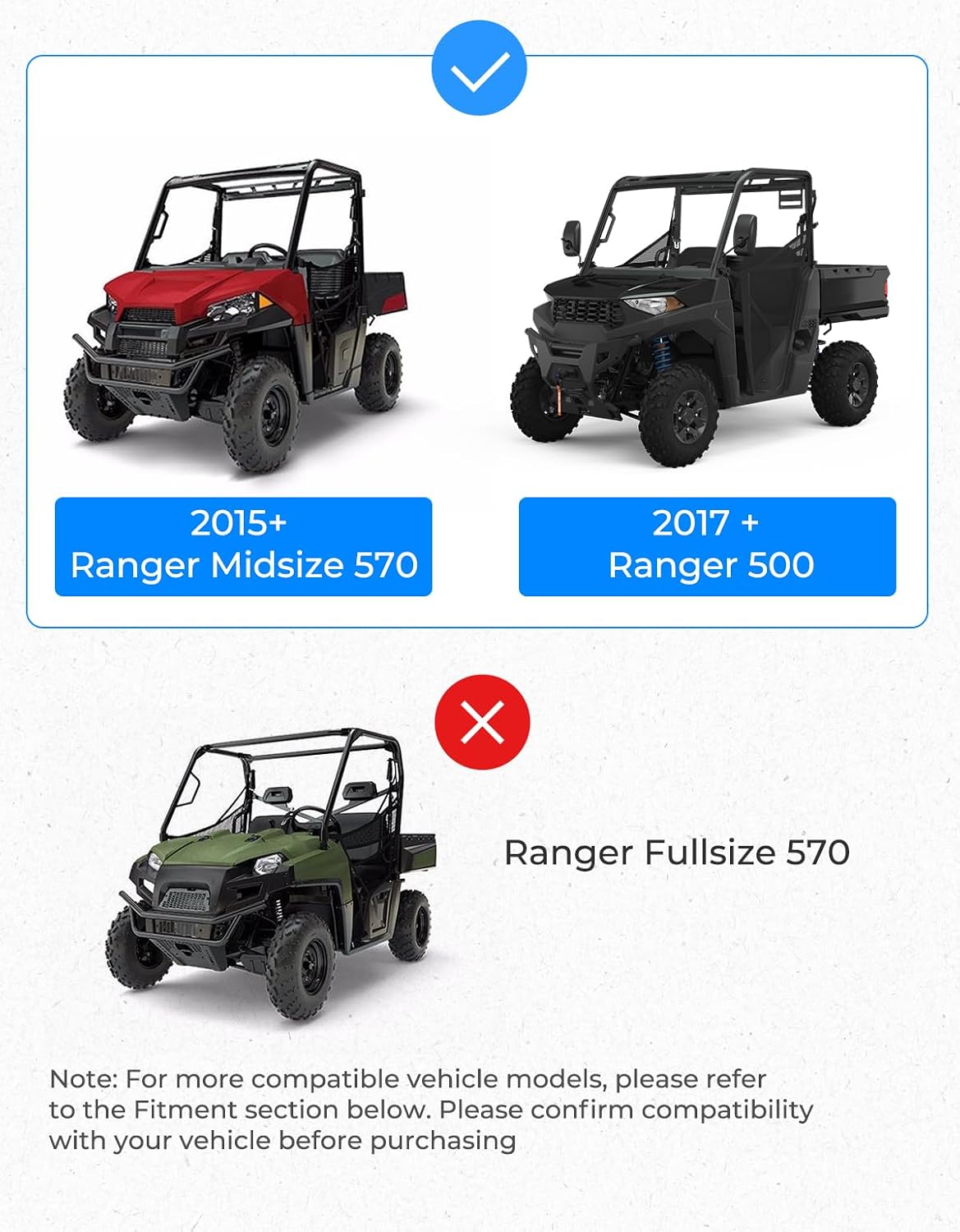 KEMIMOTO 570 Midsize Roof Hard Plastic, 2PCS Combination Dustproof Top Compatible with Polaris Ranger Mid Size 570/500/ SP 2015-2025 Accessories, 2-Seat Sport Roof Replace #2885077