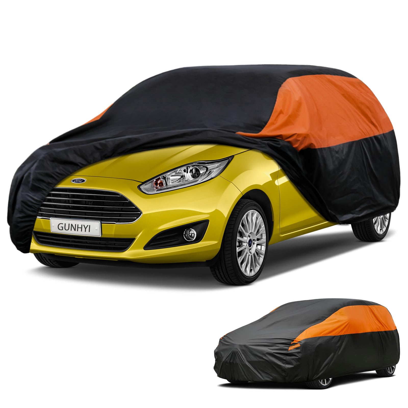 GUNHYI Waterproof Hatchback Full Car Cover Custom Fit Ford Fiesta | All‑weather Outdoor sun/rain/dust/snow/wind/UV protection, breathable lightweight fabric, black‑orange design,storage bag