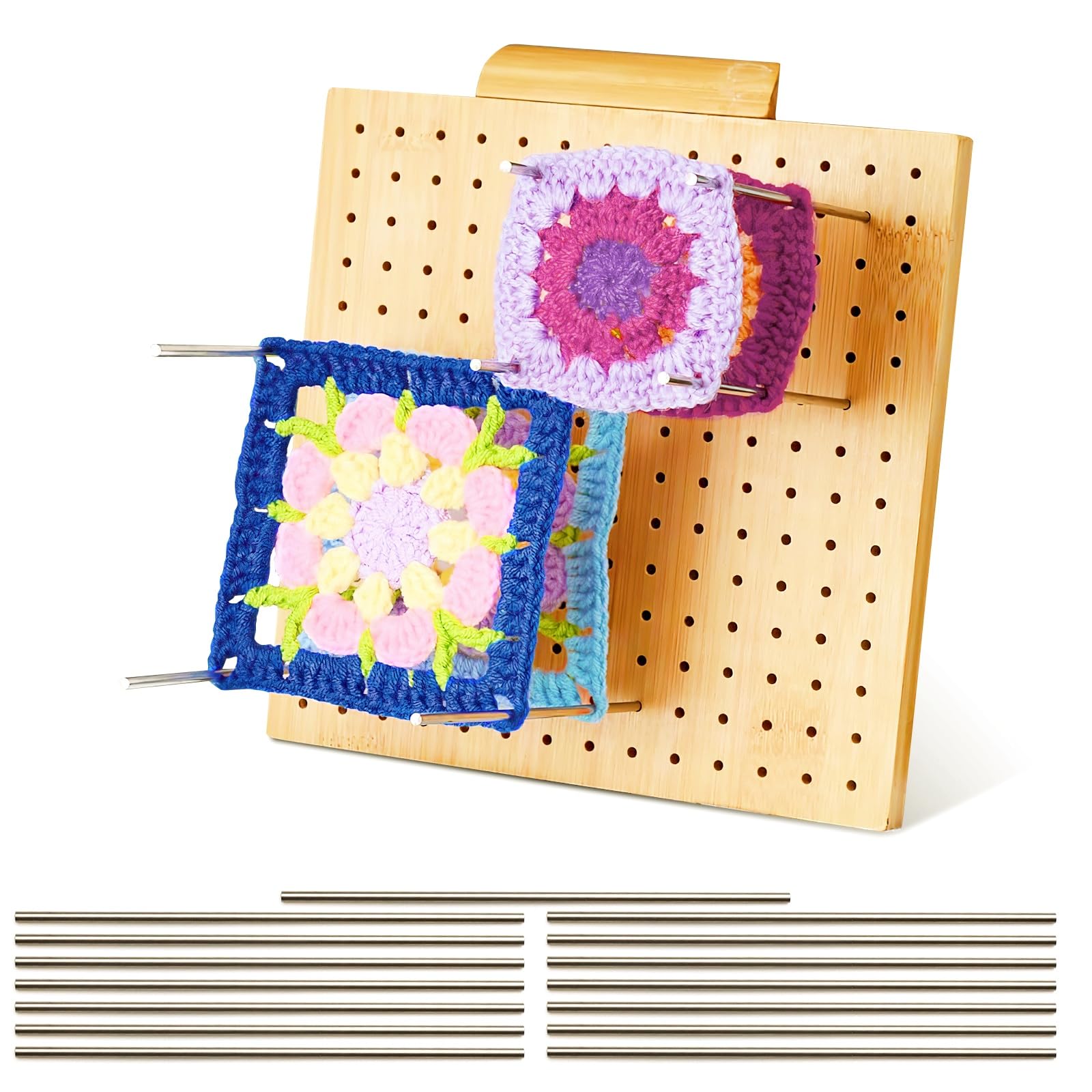 Planche De Blocage En Bambou 28x28 Cm – Avec 20 Broches Acier Inox – Pour Carrés Granny, Projets Crochet/tricot