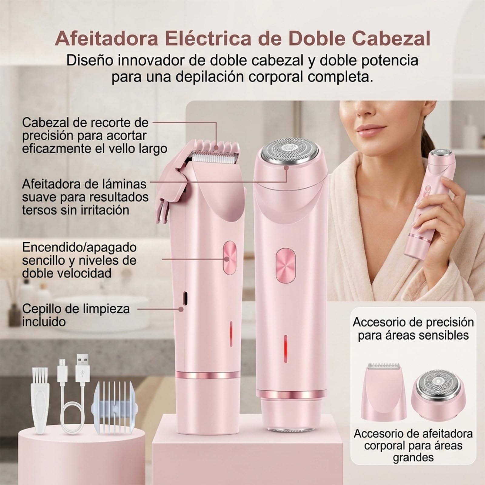 Sanuvia Depiladora Íntima 2 en 1 – Depiladora Eléctrica para Mujer, Cabezal Intercambiable, Exfoliación Suave, Impermeable, Carga USB-C, Ideal para Piel Sensible y Zona Íntima (rosa)