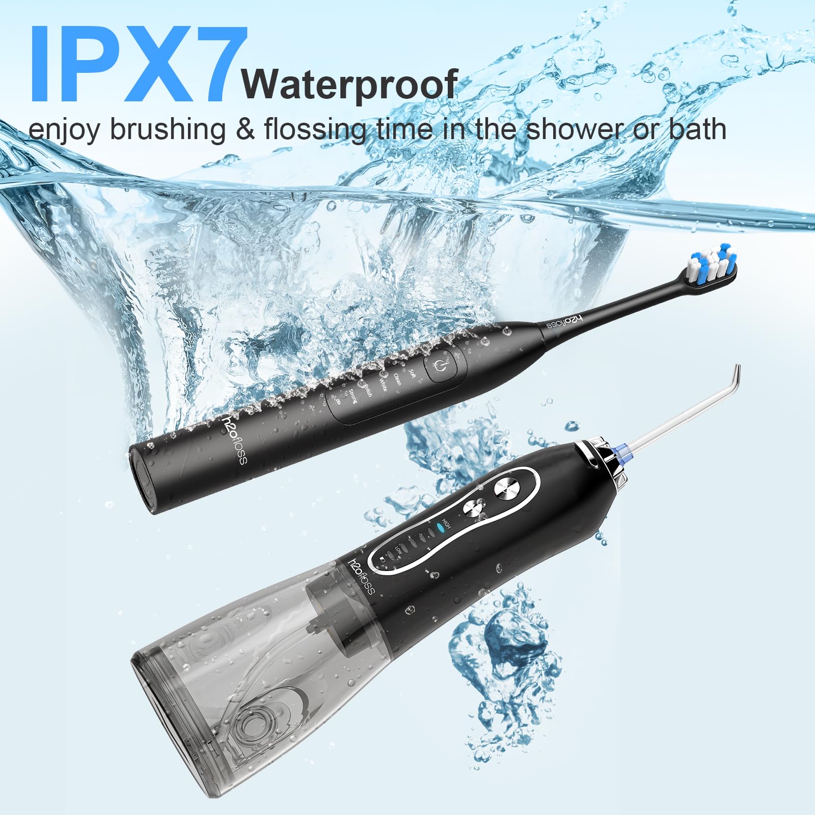 H2ofloss Set di idropulsore e spazzolino elettrico 2 in 1 per la cura orale per spazzolatura e filo interdentale, serbatoio dell'acqua da 300 ml, 20-110 psi, 5 modalità, senza BPA, lunga durata della