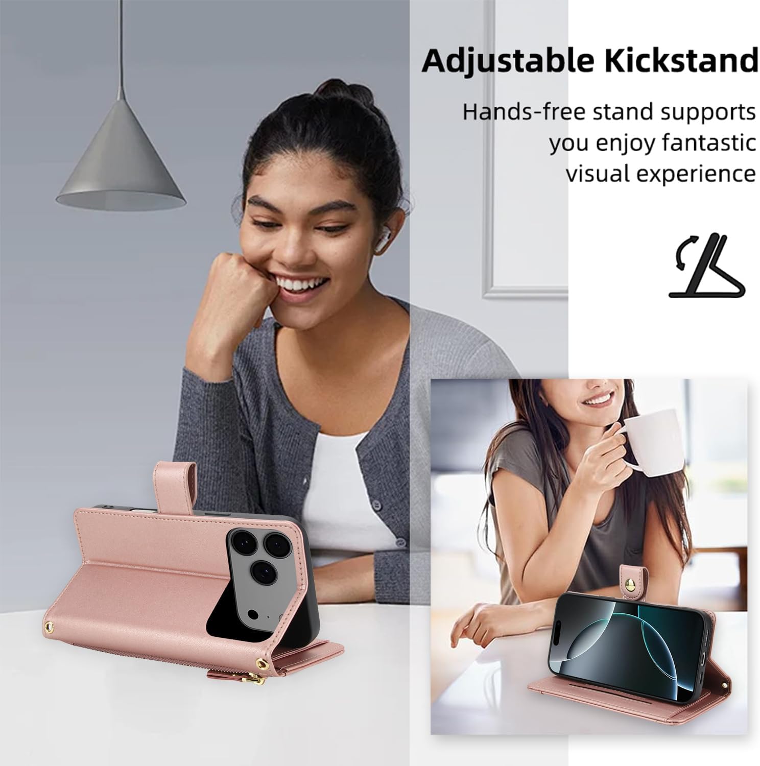 Asuwish Phone Case for iPhone 17 Pro Max 6.9 inch Zipper Wallet Cell Cover, with Tempered Glass Screen Protector and Crossbody Strap, Card Holder i Phone17 17Pro i17 ProMax 17ProMax Women Rose Gold