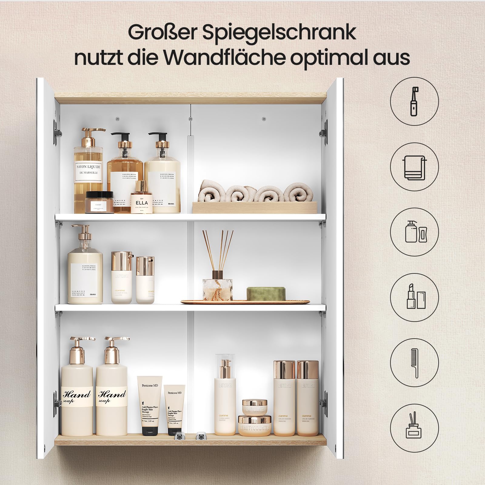 EUGAD Spiegelschrank Bad, Badezimmerschrank hängend, Badschrank mit Spiegel, Hängeschrank mit Doppeltür, Wandschrank mit verstellbaren Einlegeböden, weiß und helle Eiche 60x75x20 cm
