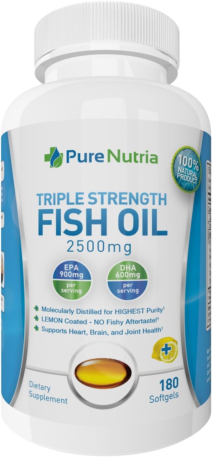 Omega 3 Fish Oil Triple Strength - 2,500mg Burpless Softgels. Lemon Coated