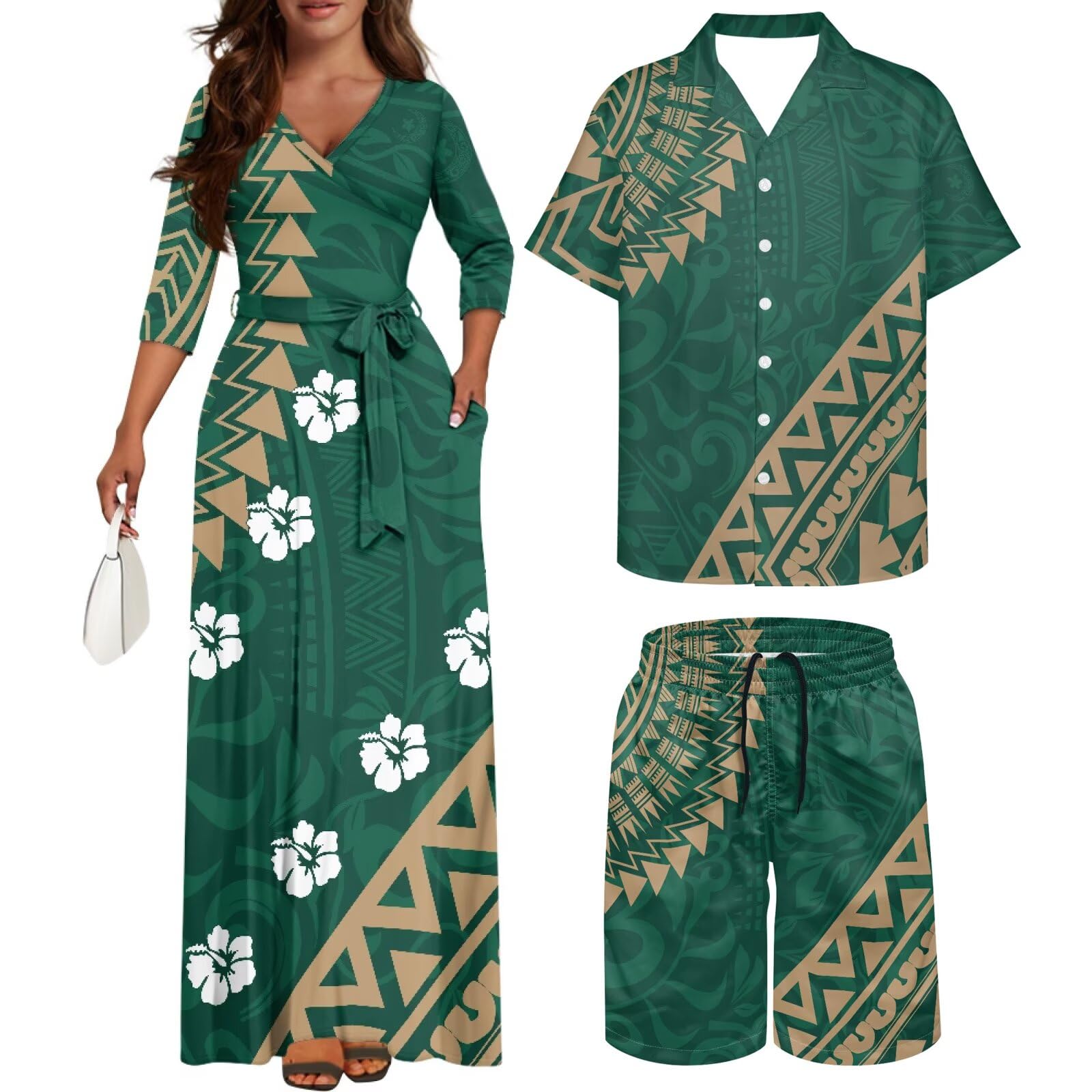 Samoa Couple Outfit Polynesian Dress for Women Traditional Puletasi Shirts for Men Tribal Shorts Trunks-image-11