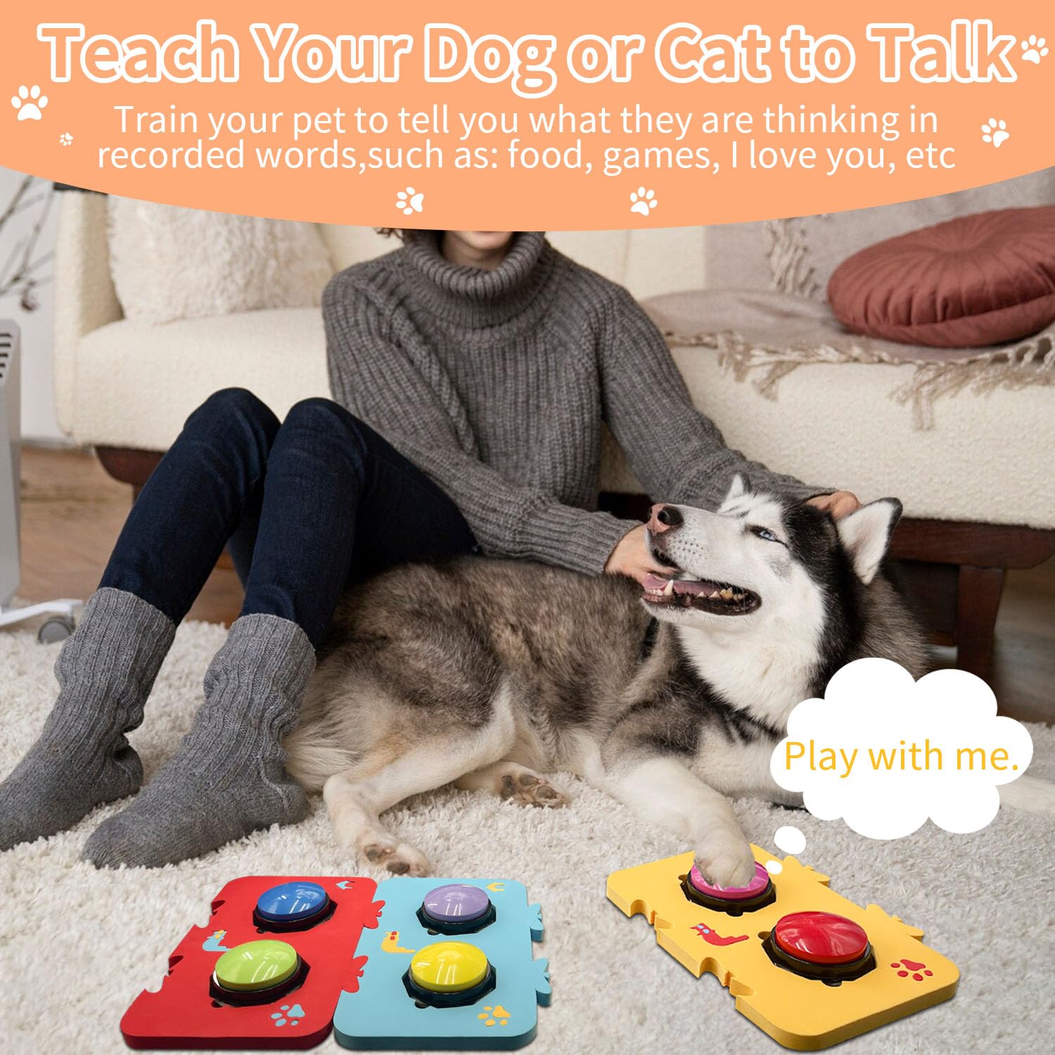 Set Pulsanti Parlanti Per Cani BUYVIKAY - 5 Bottoni Con Tappetino, 50 Adesivi, Addestramento Comunicazione