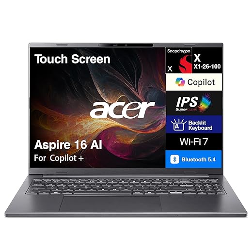 Acer Aspire 16 AI Copilot + Laptop 16" Touchscreen IPS WUXGA Display (Qualcomm Snapdragon X X1-26-100, 16GB LPDDR5X, 1TB PCIe SSD, Qualcomm Adreno, Backlit KB, WiFi 7 + BT 5.4, 1440p Webcam, Win11Pro)
