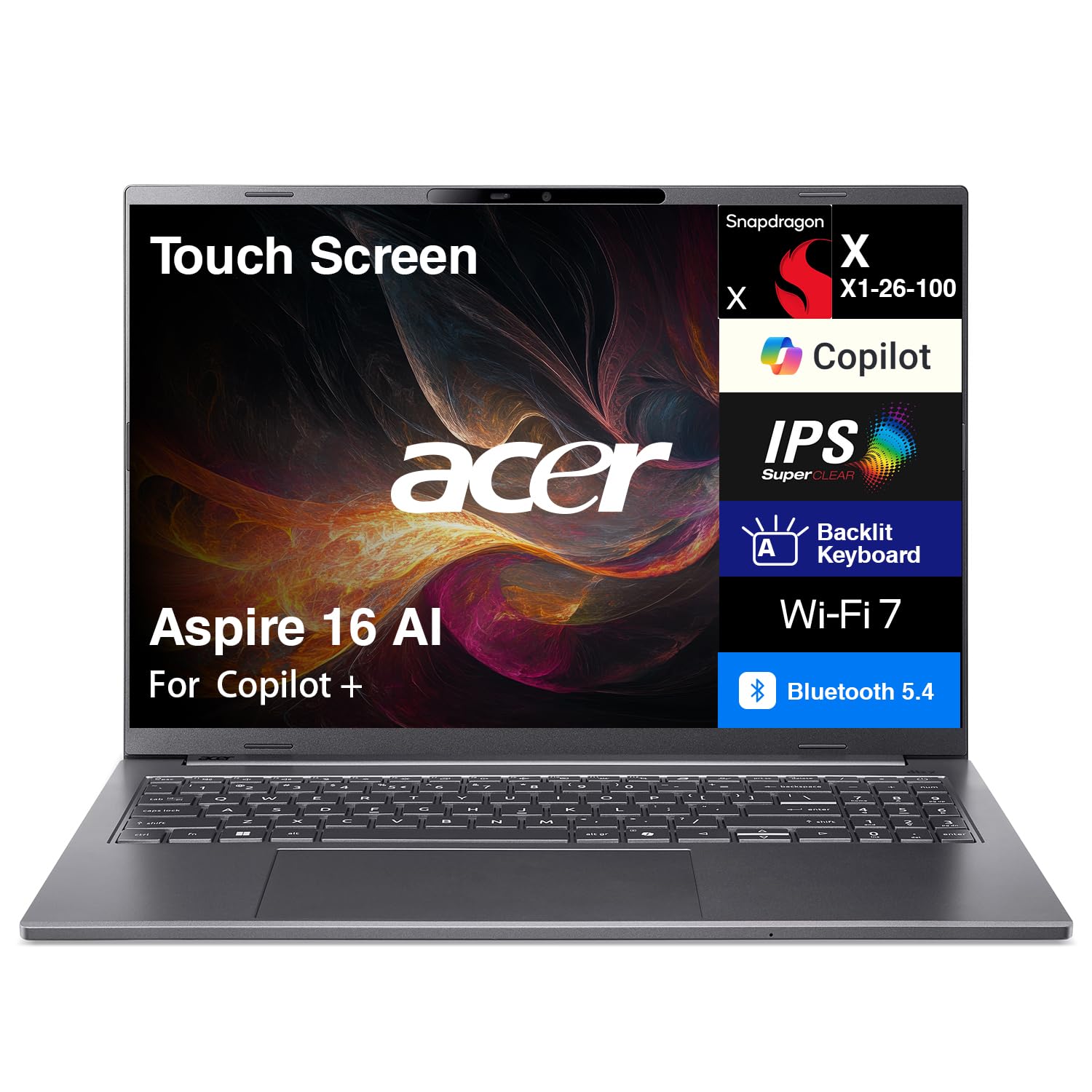 Acer Aspire 16 AI Copilot + Laptop 16" Touchscreen IPS WUXGA Display (Qualcomm Snapdragon X X1-26-100, 16GB LPDDR5X, 1TB SSD, Qualcomm Adreno, Backlit KB, WiFi 7 + BT 5.4, 1440p Webcam, Win11Home)