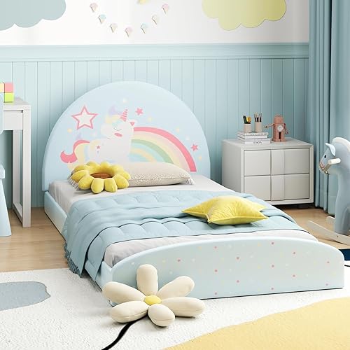 Miniatura 17 de Costzon Armazones de Cama Individual para Niños, Plataforma de Cama Individual Tapizada de Madera con Soporte de Listones, Cabecera y Pie de Cama