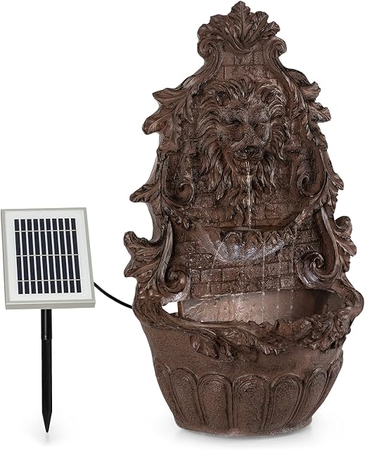 blumfeldt Wenstein Wall Fountain - Garden Solar Fountain, Lion Head, 2W Solar Pump, Material: Polyresin, 4 White LED Lights, 5m Cable, Solar Panel w/Lithium Battery, Stone Imitation, Rust