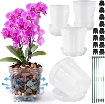 12 Pack Orchid Pots, 4/5/6 Inch Plastic Orchid Pots with Holes and Saucers, Clear Orchid Pot with Plant Stakes and Clips, Small Breathable Orchid Planter Nursery Pot for Repotting