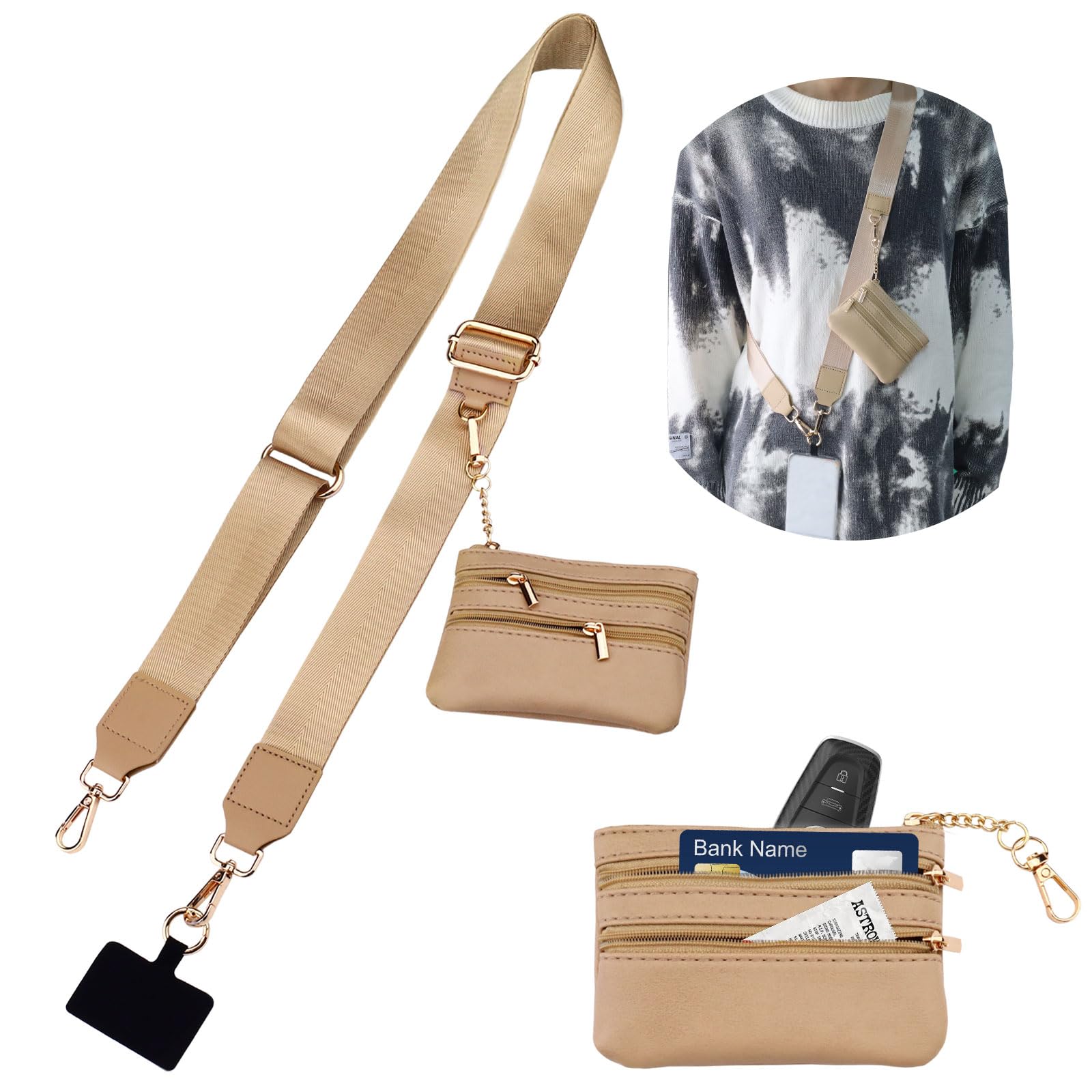 Yitexin Unisex Khaki Adjustable Phone Lanyard With Zippered Wallet Pouch, Detachable Anti Theft Phone Lanyard Crossbody, Cell Phone Strap (Khaki)