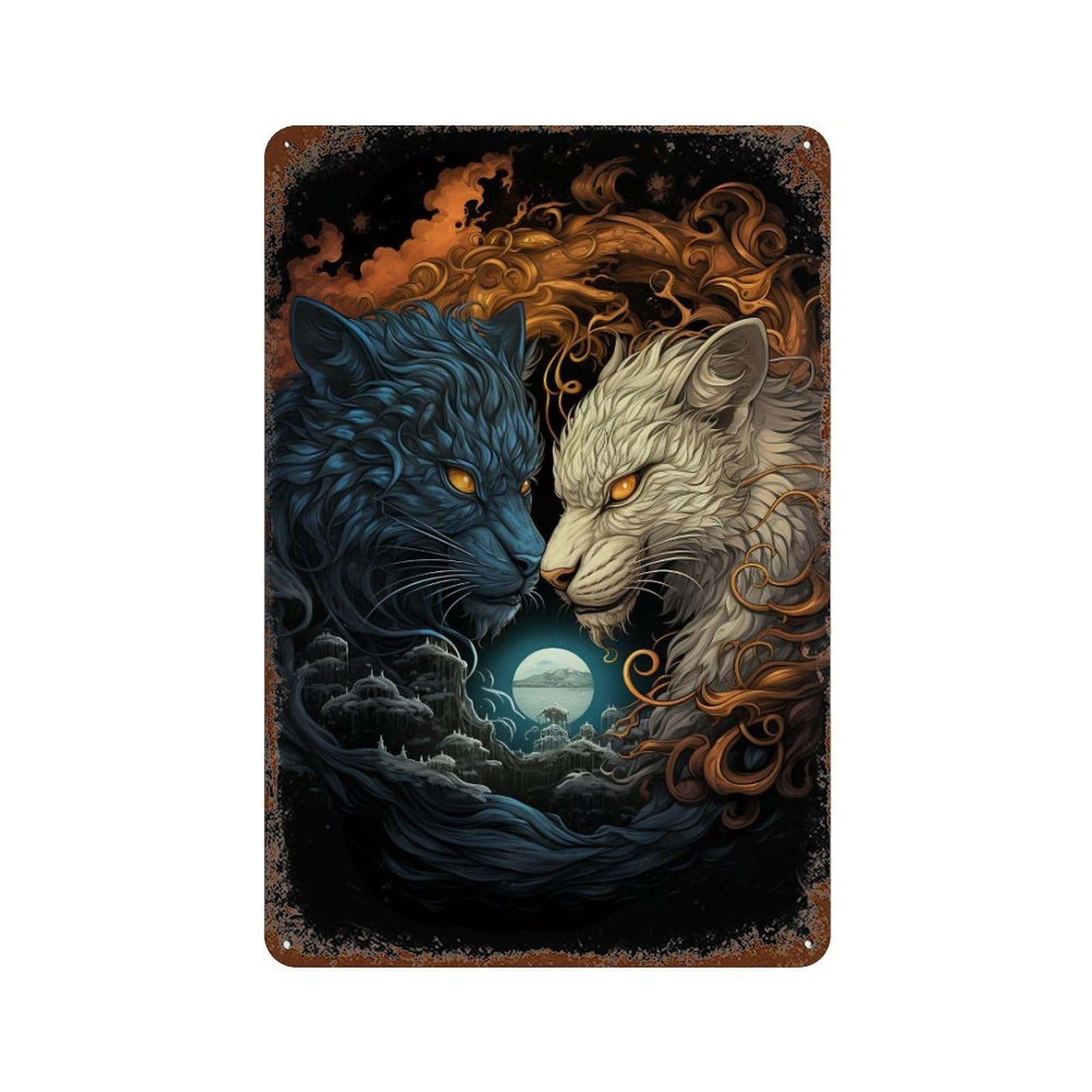 Yin Yang Cats Fantasy Artwork Aged Metal Wall Plaque 11.8"x7.9", for Shed, Workshop And Garage Wall Decor, Old School Wall Decor