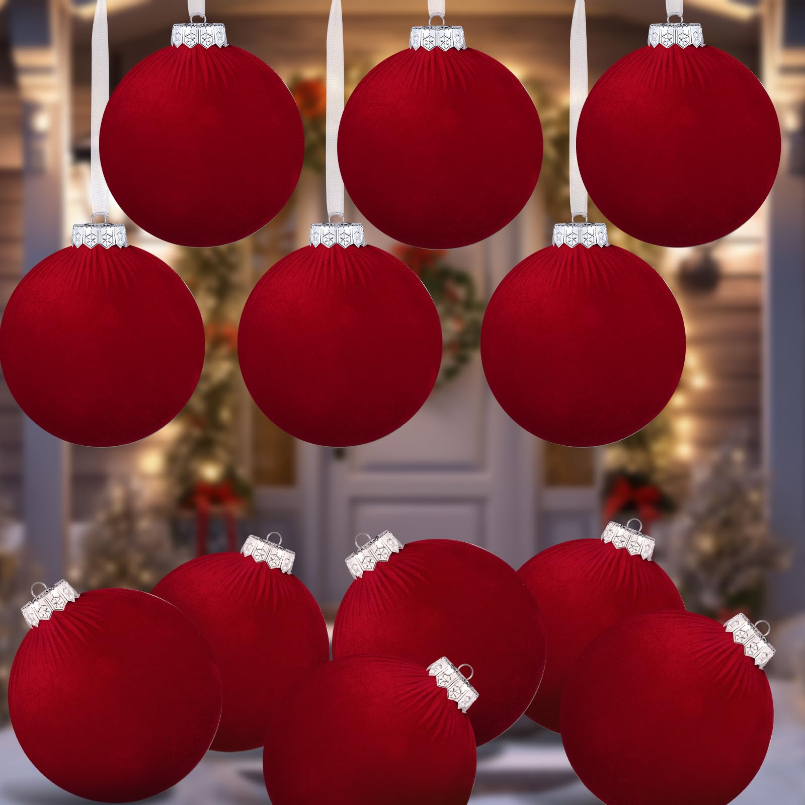 Boules de Noël rouge velours 15cm : lot de 12 grandes suspensions de fête