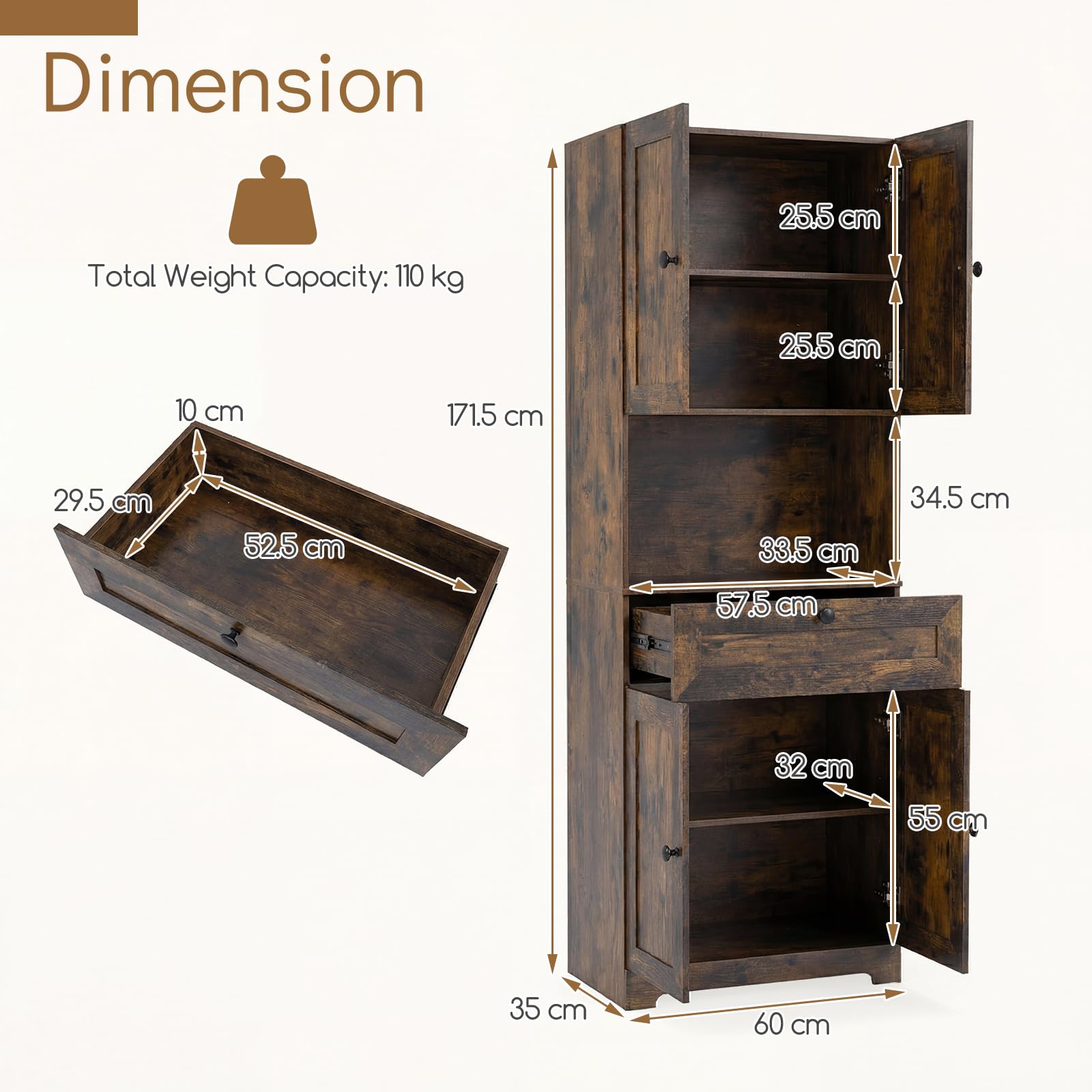 GIANTEX Armario Alto de Baño, 60x35x171,5cm, Mueble de Almacenamiento con 4 Puertas, 1 Cajón y Compartimento Abierto, Estante Ajustable, Kits Antivuelco, Organizador para Salón, Cocina (Marrón)