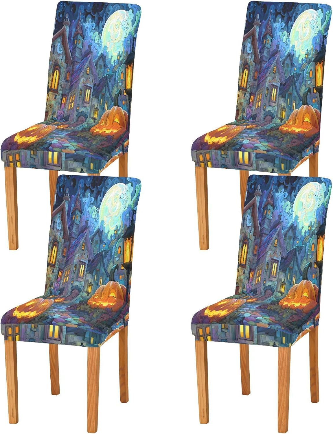 ALAZA Chair Covers for Dining Room, Pumpkin House Stretch Chair Cover Sets Chair Protector Removable Washable for Ktichen Restaurant Hotel