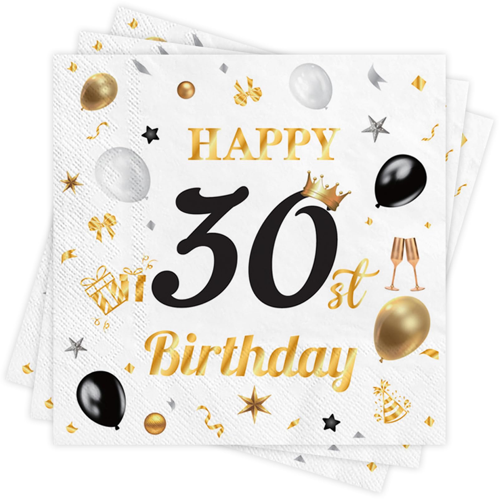 Wentsent White Gold 30th Birthday Paper Napkins, 40Pcs Happy 30th Birthday Party Paper Napkin Disposable, 30th Birthday Serviettes Table Decoration for Men Women Her He 33x33cm