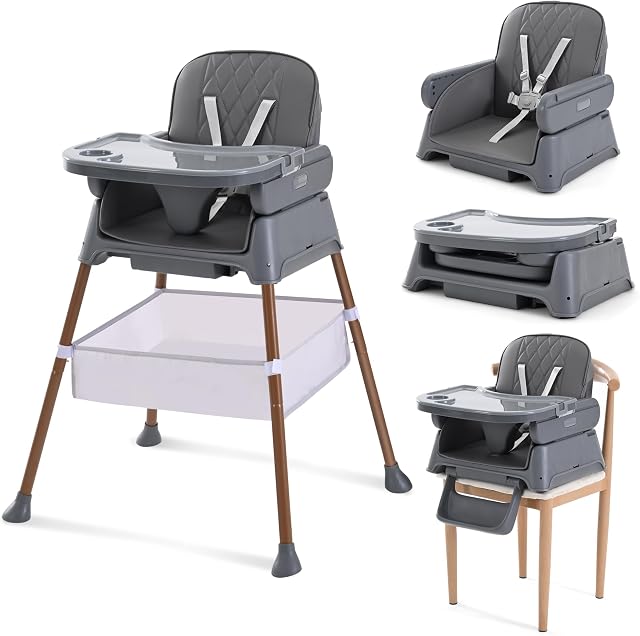 3 en 1 Chaise haute convertible bébé – Chaise de nourrisson réglable pour bébés & Chaise pour bébé moderne compacte avec plateau amovible & Harnais de sécurité, encre grise