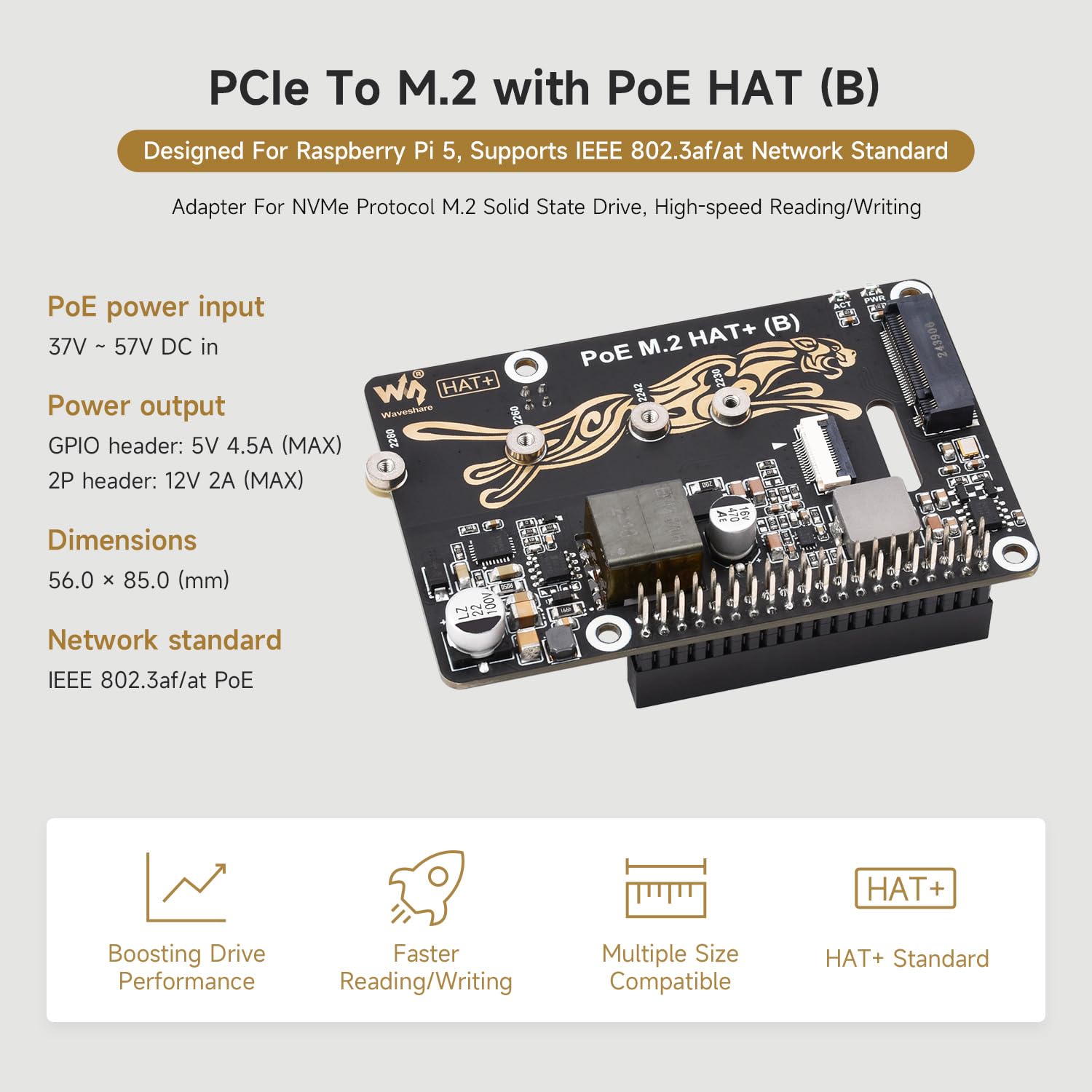 Waveshare PCIe to M.2 Adapter with PoE Function HAT+ (B), Compatible with Raspberry Pi 5, Supports POE NVMe Drive Protocol 2230/2242 / 2260/2280 M.2 Solid State Drive, High-Speed Reading/Writing