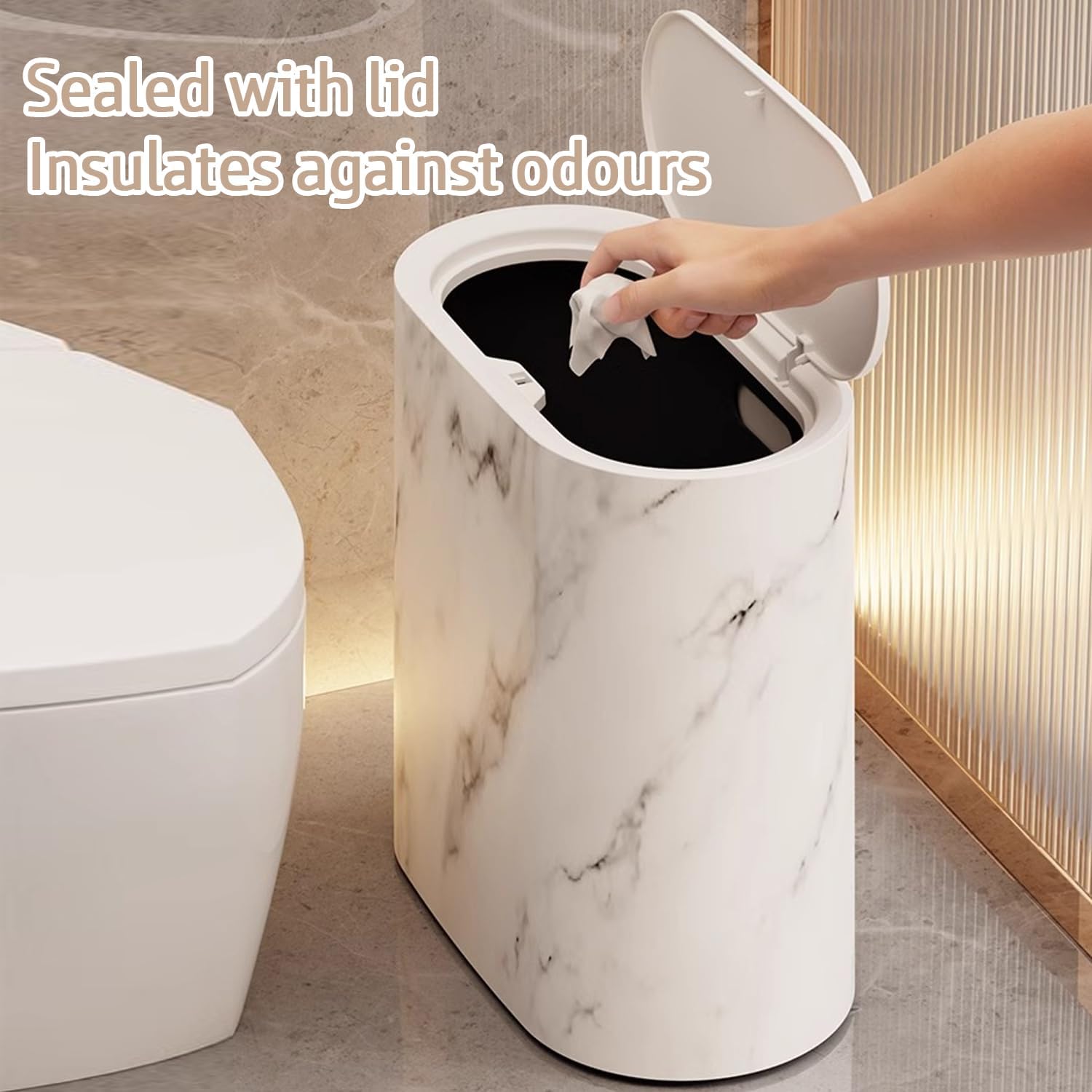 Cubo de basura de baño pequeño con tapas, de plástico mármol y madera - Cubo de basura con tapa para baño - Moderno cubo de basura para el hogar, interior y