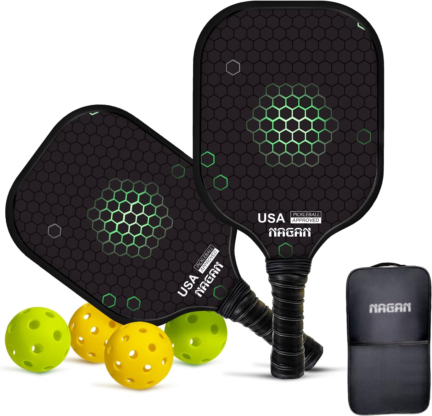 NAGAN Pickleball Paddles, USAPA Approved Durable Fiberglass Surface Pickleball Set with 4 Balls, 1 Bag for Men Women