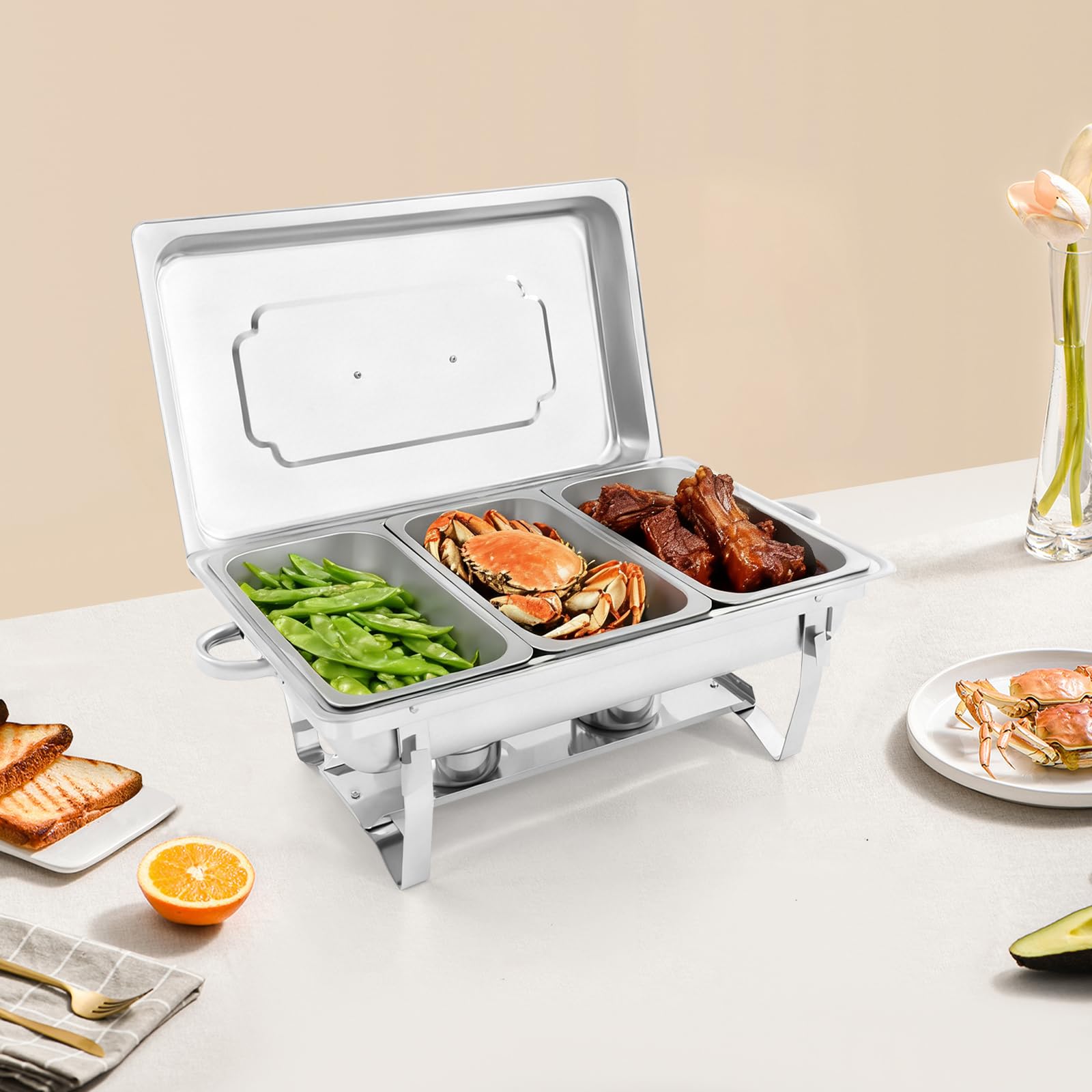 Chafing Dish zestaw do podgrzewania potraw ze stali nierdzewnej, pojemnik na ciepło, do cateringu, bufetu i na imprezę (3 x pojemnik 1/3 GN)